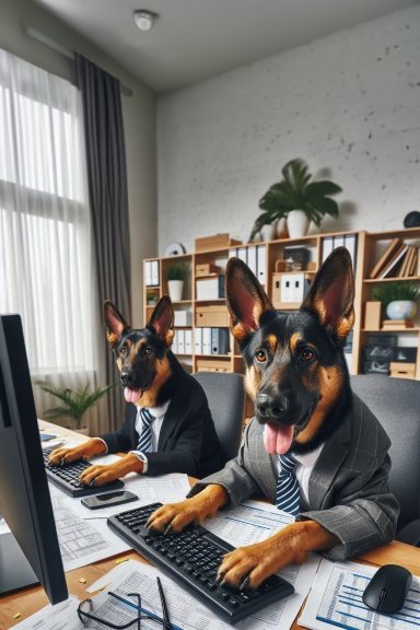 a German Shepherd is sitting at an office desk with a computer in front of it. The desk is covered with paperwork.