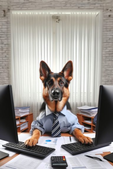 a dog is sitting at an office desk with a computer in front of it. The desk is covered with paperwork. The dog seems to be working hard