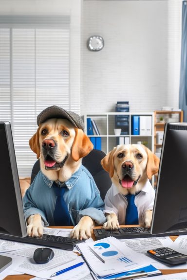 a dog is sitting at an office desk with a computer in front of it. The desk is covered with paperwork. The dog seems to be working hard