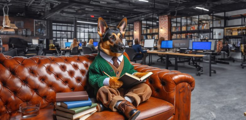 a German Shepherd is sitting on a sofa in a breakout area of an office