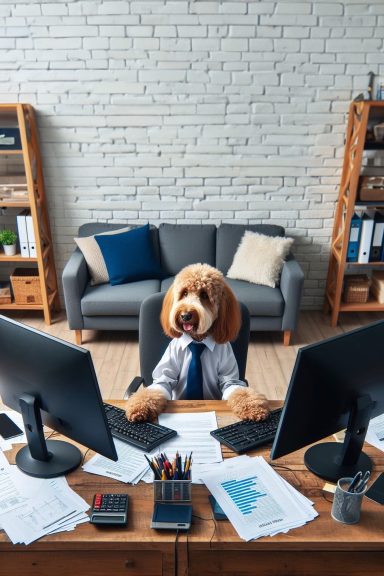 a labradoodle is sitting at an office desk with a computer in front of it. The desk is covered with paperwork.