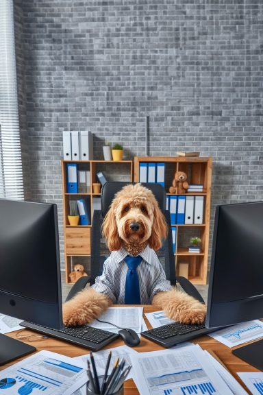 a dog is sitting at an office desk with a computer in front of it. The desk is covered with paperwork. The dog seems to be working hard, per