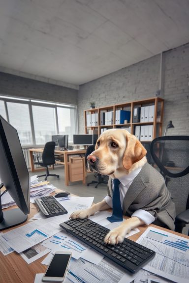 a Labrador is sitting at an office desk with a computer in front of it. The desk is covered with paperwork.