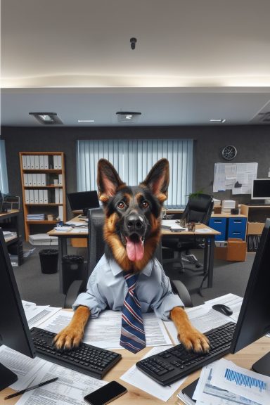 a German Shepherd is sitting at an office desk with a computer in front of it. The desk is covered with paperwork.