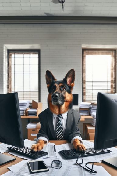 a German Shepherd is sitting at an office desk with a computer in front of it. The desk is covered with paperwork.