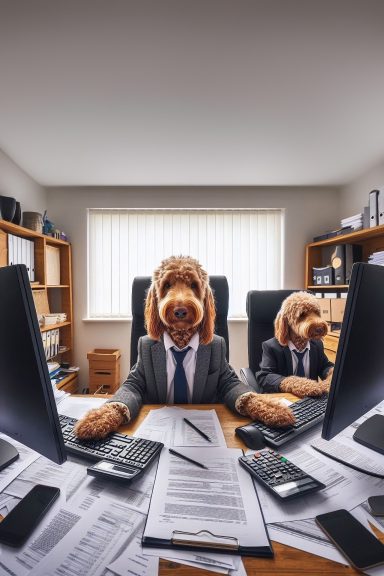 a labradoodle is sitting at an office desk with a computer in front of it. The desk is covered with paperwork.