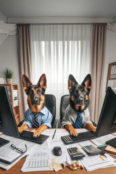 a dog is sitting at an office desk with a computer in front of it. The desk is covered with paperwork. The dog seems to be working hard