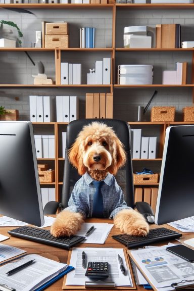 a labradoodle is sitting at an office desk with a computer in front of it. The desk is covered with paperwork.